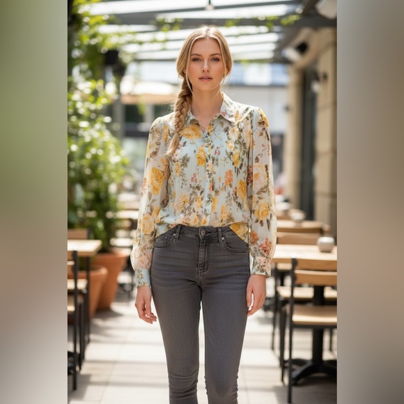Cocomo Tops - Violetta Botanical Blouse | Wide Bishop Sleeves Floral Blouse in Sea Green Color